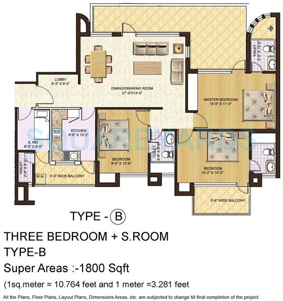 Floor plan of 3 BHK 1800 Sq. Ft. Apartment in Spaze Privy, Gurgaon
