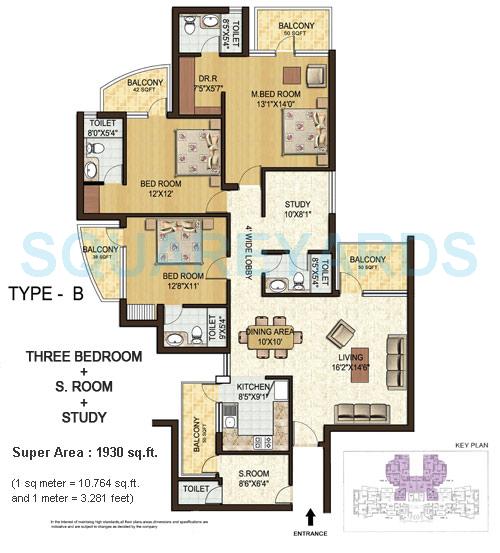 Floor plan of 3 BHK 1930 Sq. Ft. Apartment in Spaze Privy, Gurgaon
