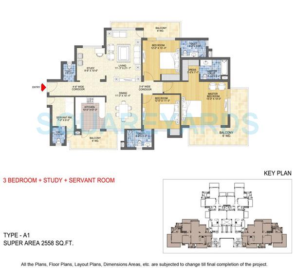 Floor plan of 3 BHK 2558 Sq. Ft. Apartment in Spaze Privy, Gurgaon