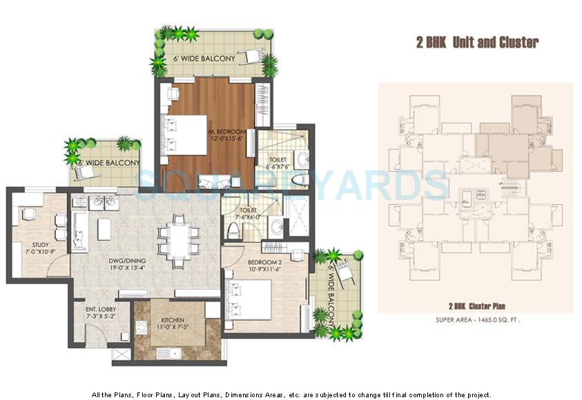 Floor plan of 2 BHK 1465 Sq. Ft. Apartment in Spaze Privy AT4, Gurgaon