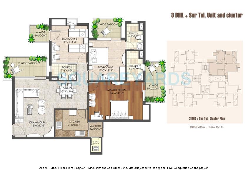 Floor plan of 3 BHK 1745 Sq. Ft. Apartment in Spaze Privy AT4, Gurgaon