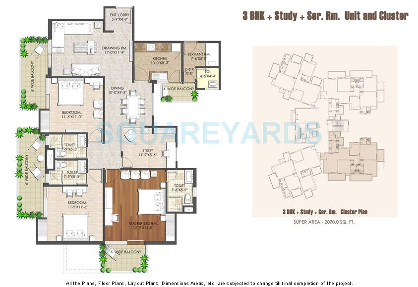 Floor plan of 3 BHK 2070 Sq. Ft. Apartment in Spaze Privy AT4, Gurgaon