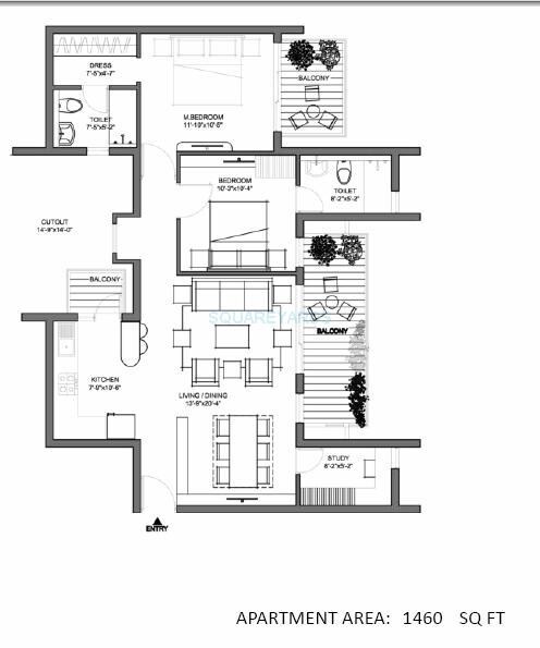 Floor plan of 2 BHK 1460 Sq. Ft. Apartment in Spire Woods, Gurgaon