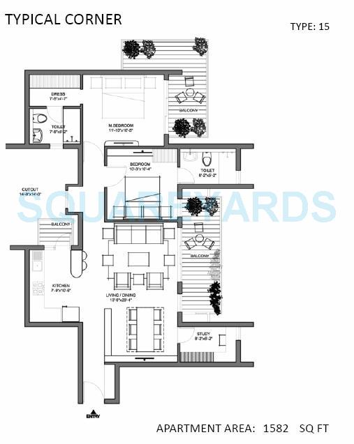 Floor plan of 2 BHK 1582 Sq. Ft. Apartment in Spire Woods, Gurgaon