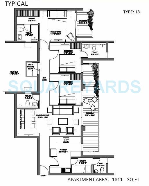 Floor plan of 3 BHK 1811 Sq. Ft. Apartment in Spire Woods, Gurgaon