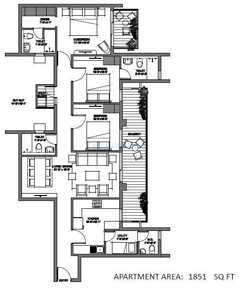 Floor plan of 3 BHK 1851 Sq. Ft. Apartment in Spire Woods, Gurgaon