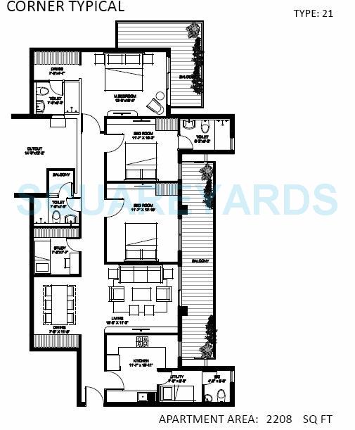 Floor plan of 3 BHK 2208 Sq. Ft. Apartment in Spire Woods, Gurgaon