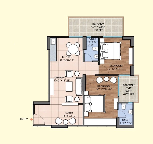 Floor plan of 2 BHK 637 Sq. Ft. Apartment in Sriflex City, Gurgaon