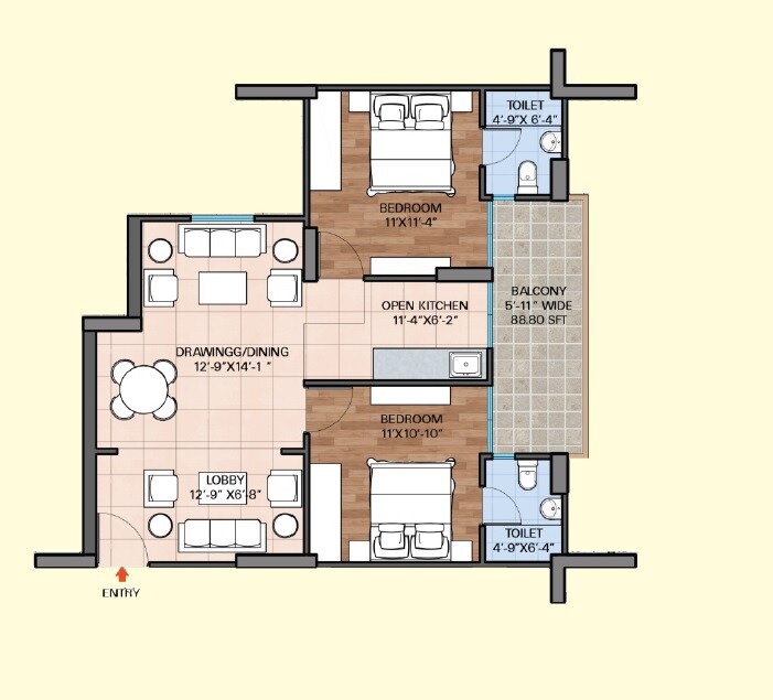 Floor plan of 2 BHK 645 Sq. Ft. Apartment in Sriflex City, Gurgaon