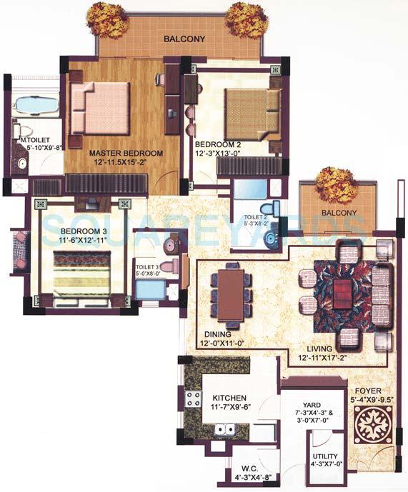 Floor plan of 3 BHK 2150 Sq. Ft. Apartment in SS Delight and Splendours, Gurgaon
