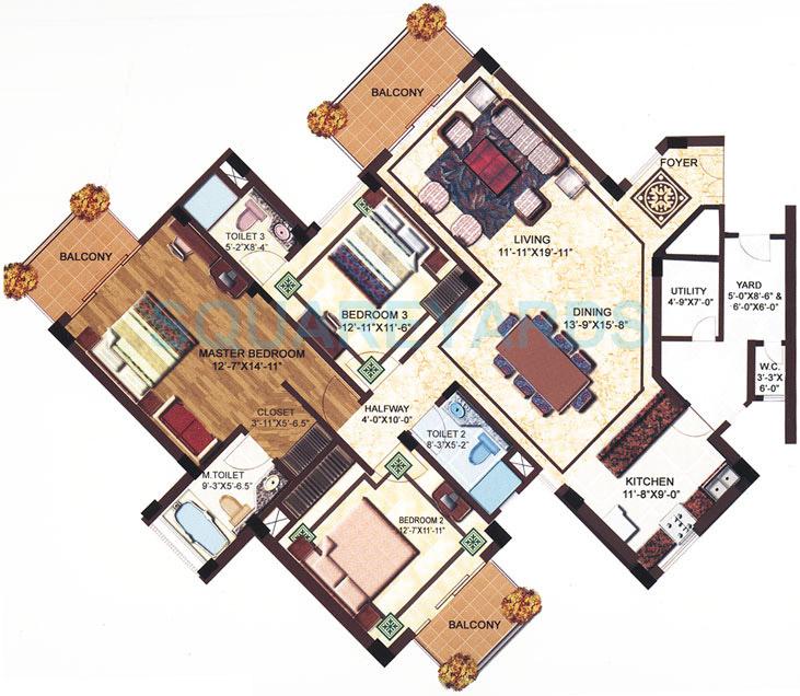 Floor plan of 3 BHK 2250 Sq. Ft. Apartment in SS Delight and Splendours, Gurgaon