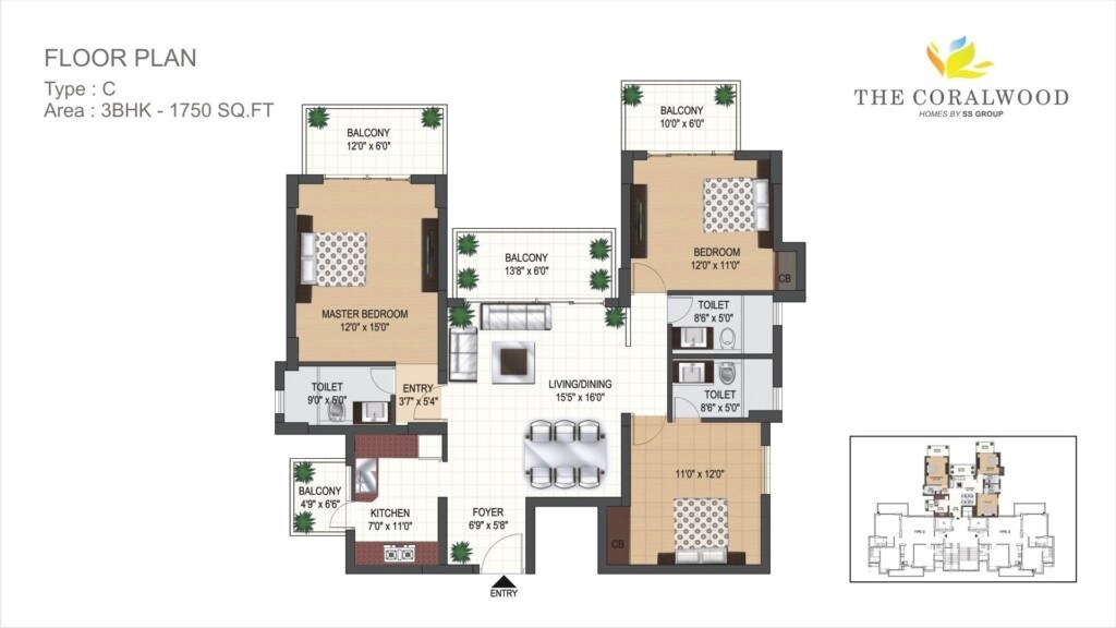 Floor plan of 3 BHK 1750 Sq. Ft. Apartment in SS The Coralwood, Gurgaon