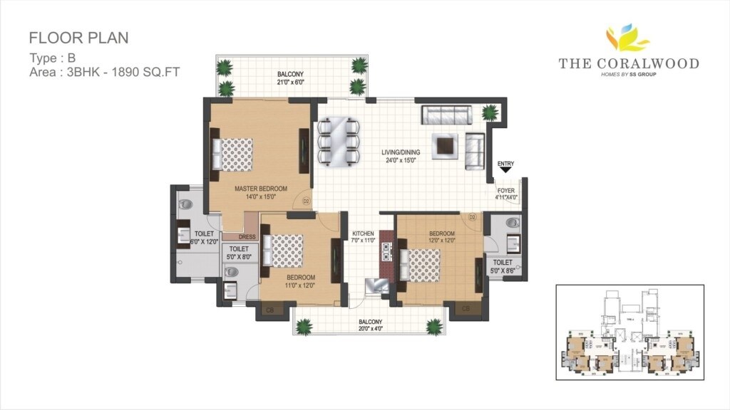 Floor plan of 3 BHK 1890 Sq. Ft. Apartment in SS The Coralwood, Gurgaon