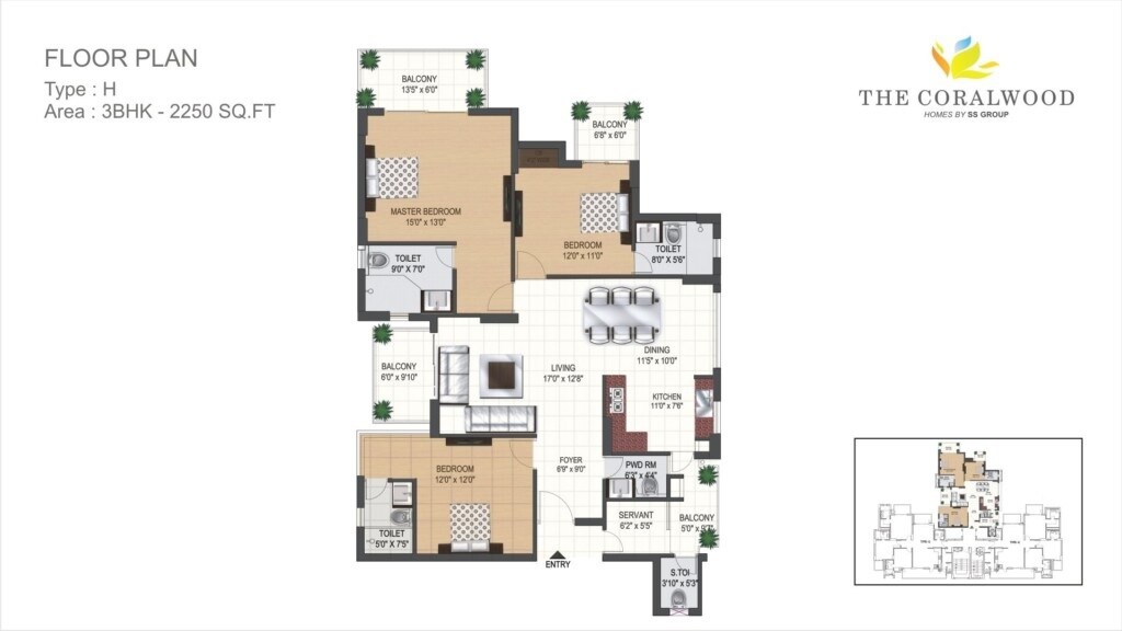 Floor plan of 3 BHK 2250 Sq. Ft. Apartment in SS The Coralwood, Gurgaon