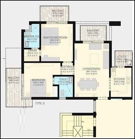 Floor plan of 2 BHK 1640 Sq. Ft. Apartment in SS The Leaf, Gurgaon