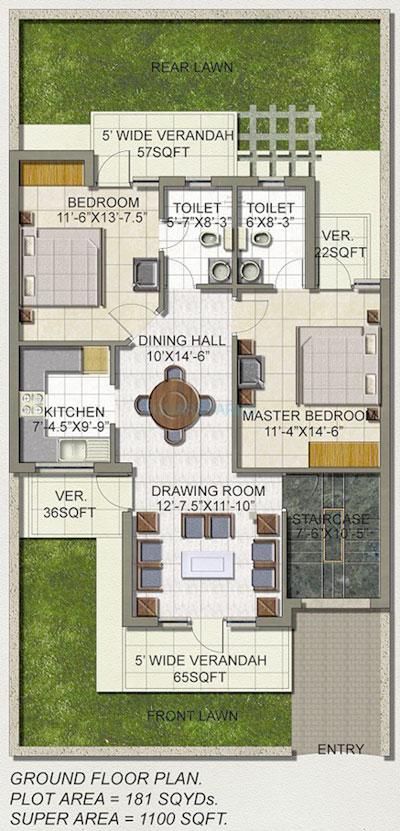 Floor plan of 2 BHK 1100 Sq. Ft. Ind Floor in SS The Lilac, Gurgaon