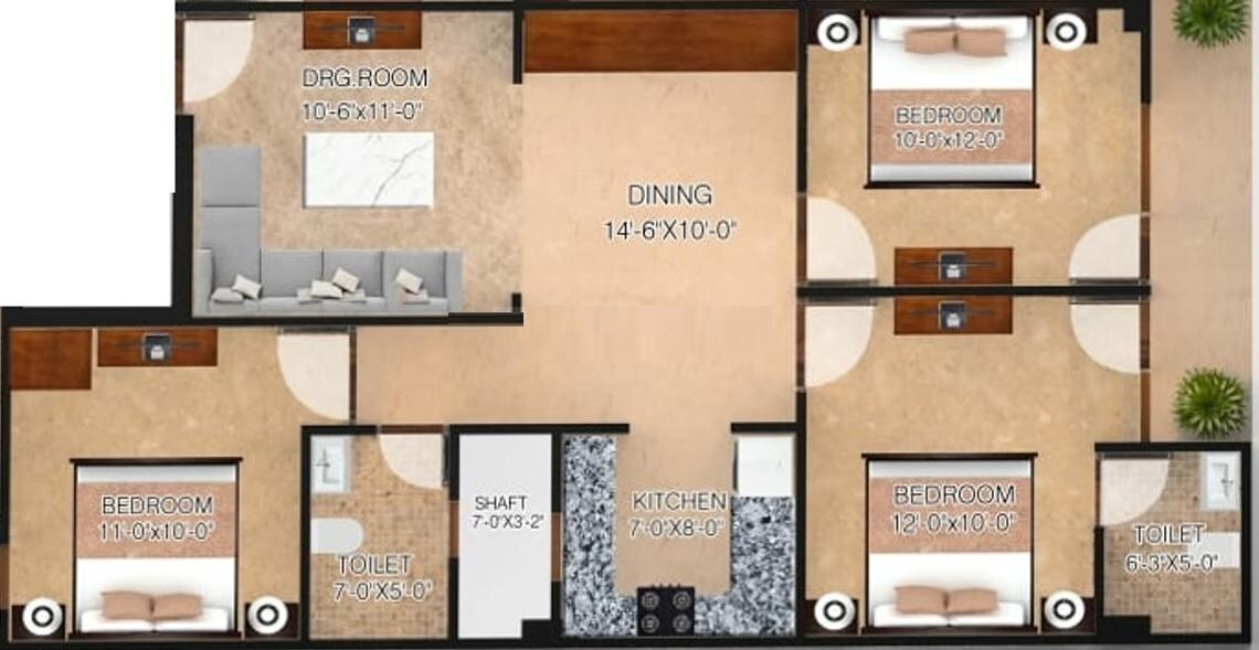 3 BHK 1100 Sq. Ft. Apartment