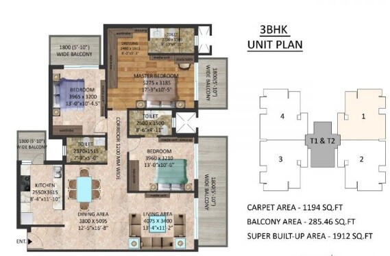 Floor plan of 3 BHK 1912 Sq. Ft. Apartment in Stanford Amaara Residences, Gurgaon