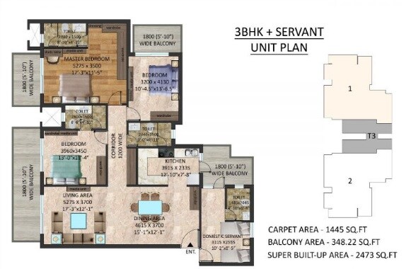 Floor plan of 3 BHK 2473 Sq. Ft. Apartment in Stanford Amaara Residences, Gurgaon
