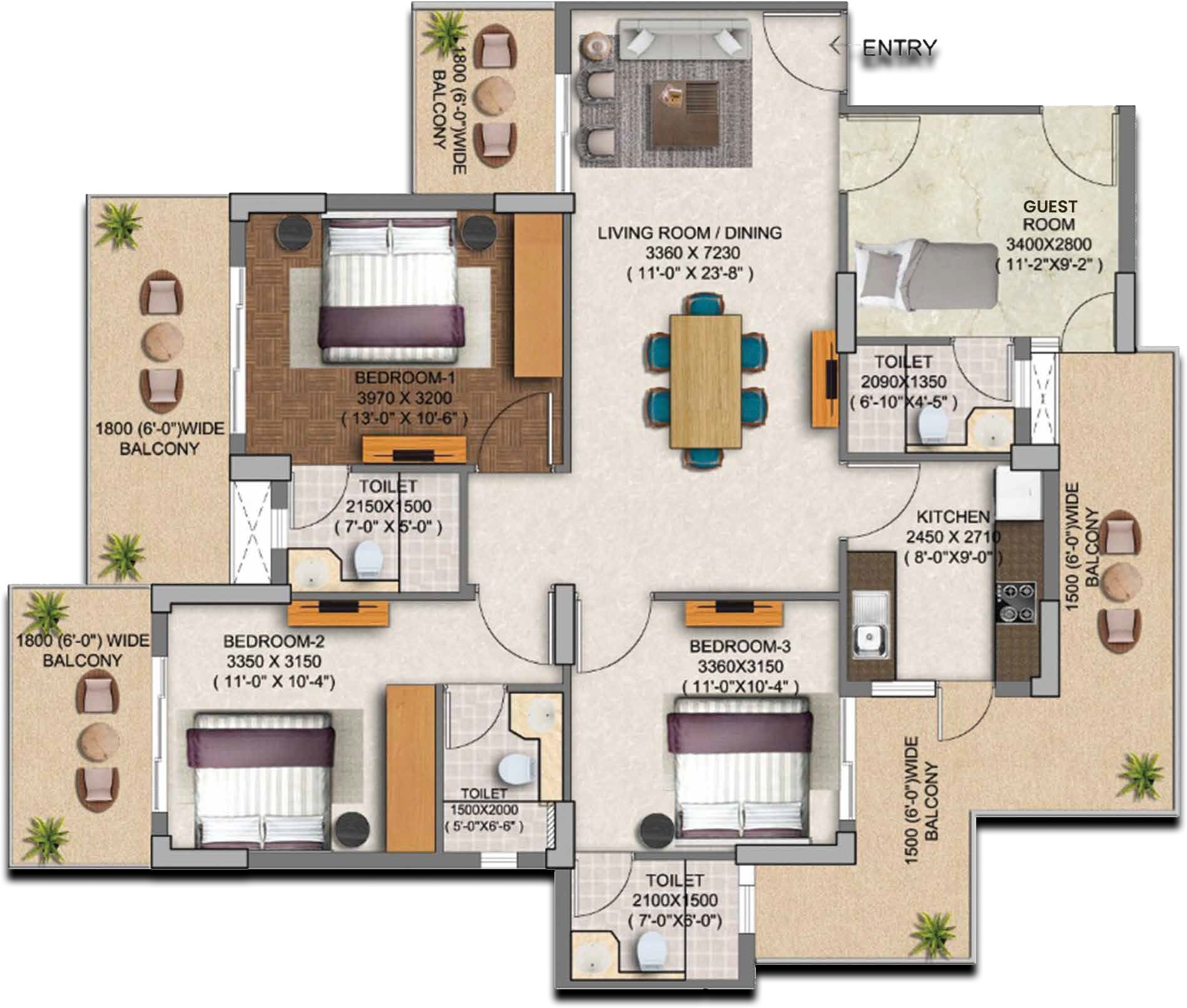 Floor plan of 4 BHK 1948 Sq. Ft. Apartment in Subh Seggovias, Gurgaon
