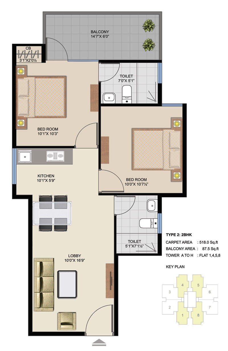 Floor plan of 2 BHK 605 Sq. Ft. Apartment in Suncity Avenue 102, Gurgaon