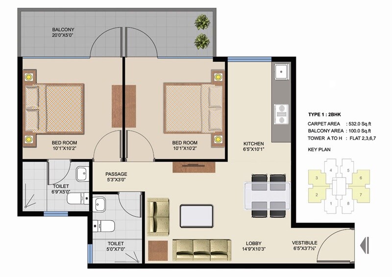 Floor plan of 2 BHK 632 Sq. Ft. Apartment in Suncity Avenue 102, Gurgaon