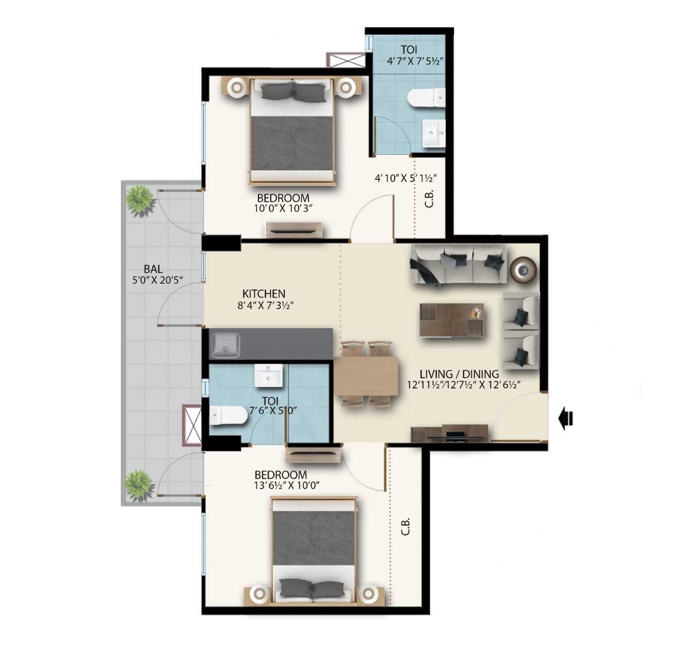 Floor plan of 2 BHK 682 Sq. Ft. Apartment in Suncity Avenue 76, Gurgaon