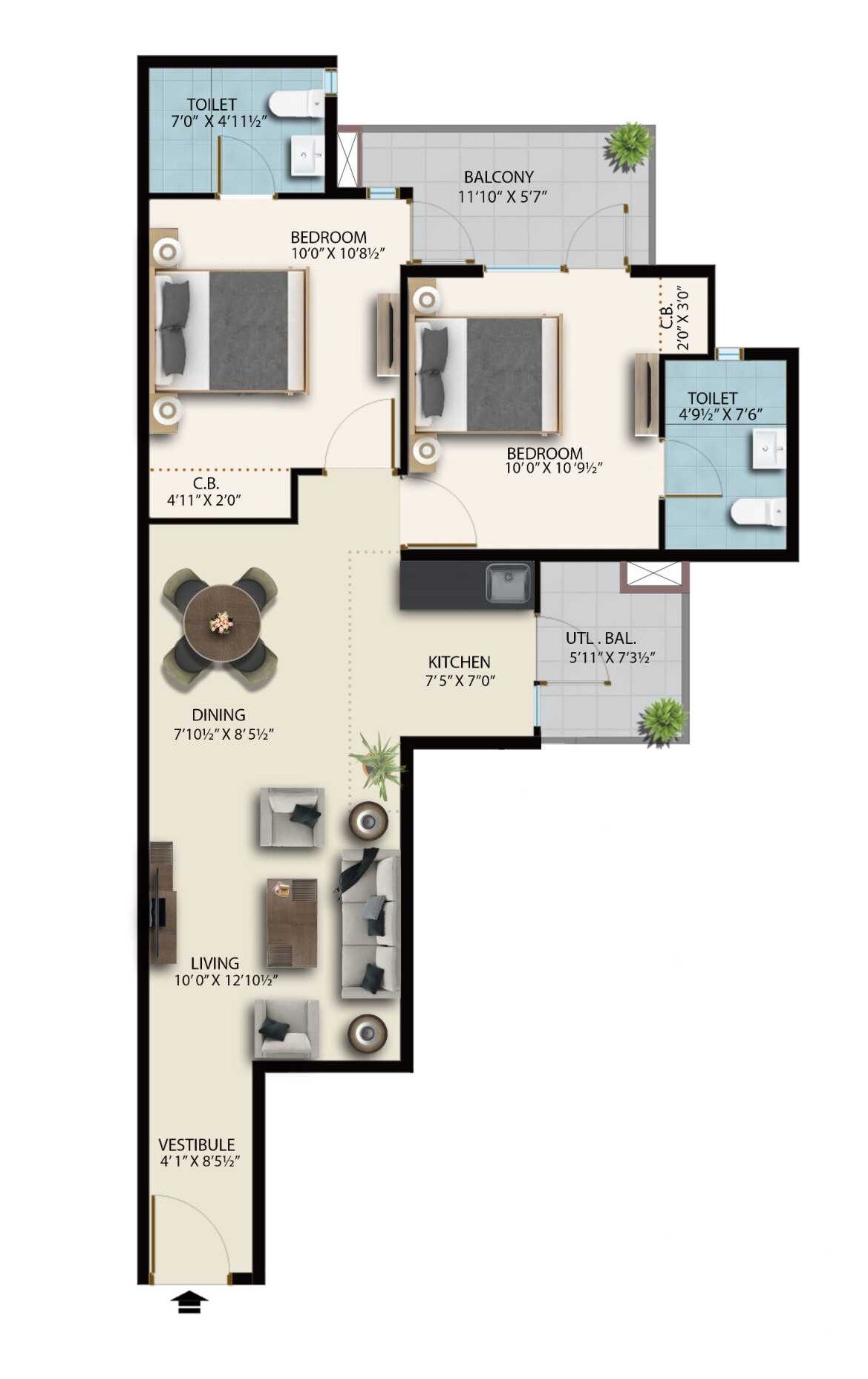Floor plan of 2 BHK 735 Sq. Ft. Apartment in Suncity Avenue 76, Gurgaon