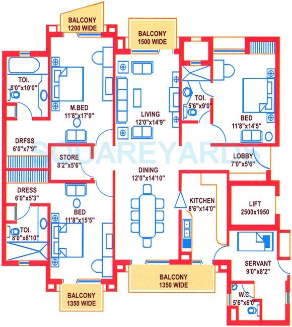 Floor plan of 3 BHK Apartment - 2341 sq. ft. in Suncity Heights, Gurgaon