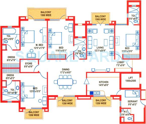 Floor plan of 4 BHK Apartment - 2830 sq. ft. in Suncity Heights, Gurgaon