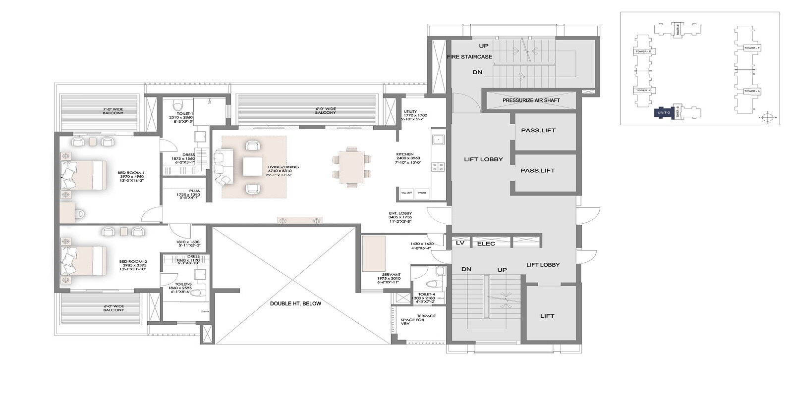 Floor plan of 2 BHK 2300 Sq. Ft. Apartment in Suncity Platinum Towers, Gurgaon