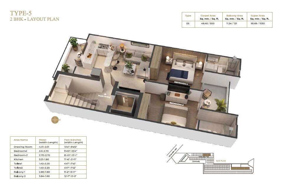 Floor plan of 2 BHK 1030 Sq. Ft. Ind Floor in Suncity Vatsal Valley, Gurgaon