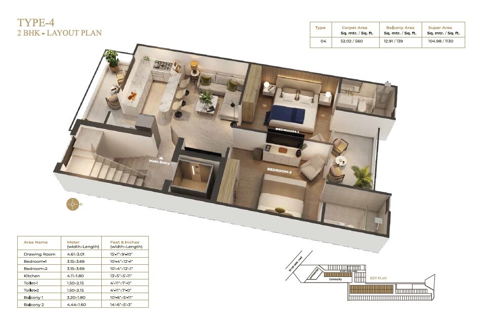 Floor plan of 2 BHK 1130 Sq. Ft. Ind Floor in Suncity Vatsal Valley, Gurgaon