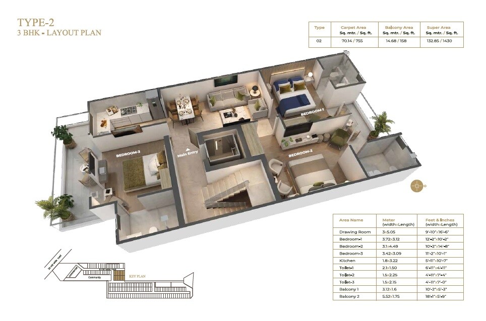 Floor plan of 3 BHK 1430 Sq. Ft. Ind Floor in Suncity Vatsal Valley, Gurgaon