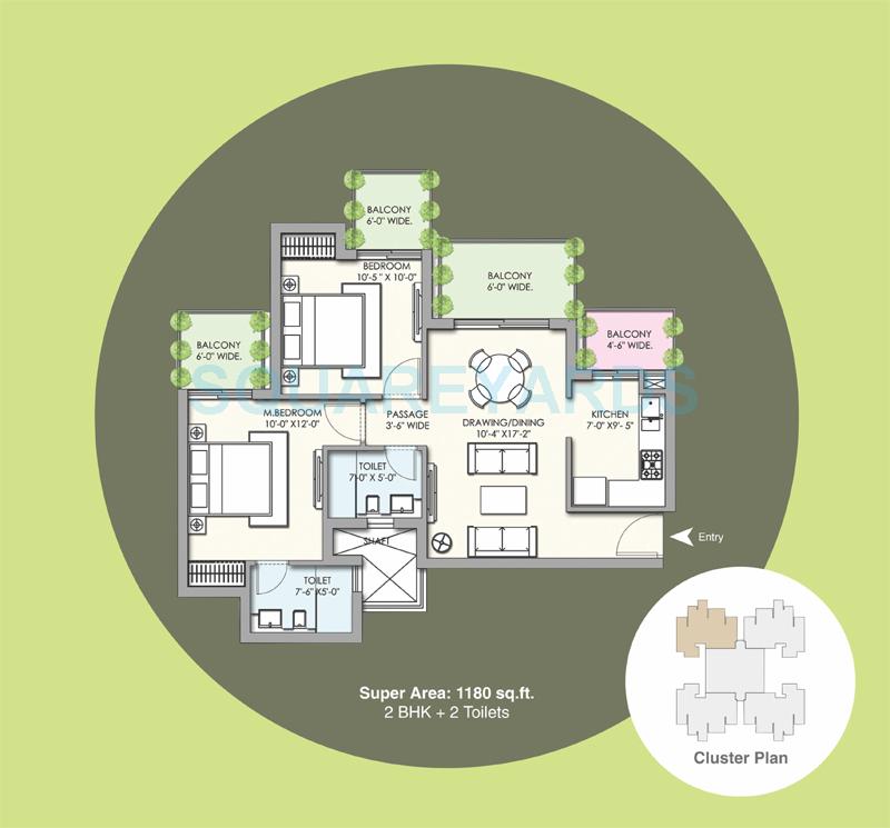 Floor plan of 2 BHK 1180 Sq. Ft. Apartment in Supertech 76 Canvas, Gurgaon