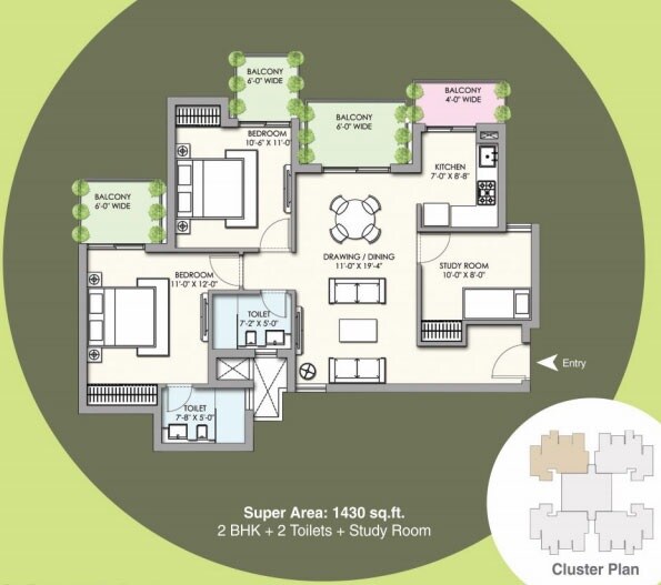 Floor plan of 2 BHK 1430 Sq. Ft. Apartment in Supertech 76 Canvas, Gurgaon