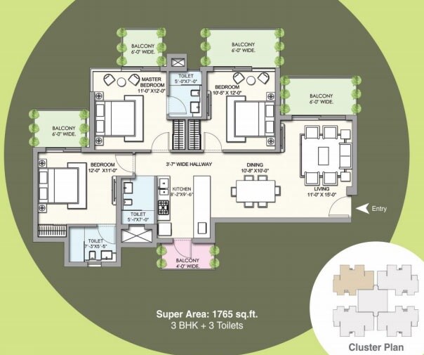 Floor plan of 3 BHK 1765 Sq. Ft. Apartment in Supertech 76 Canvas, Gurgaon