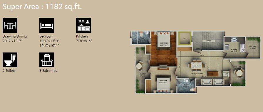 Floor plan of 2 BHK 1182 Sq. Ft. Ind Floor in Supertech Aadri, Gurgaon