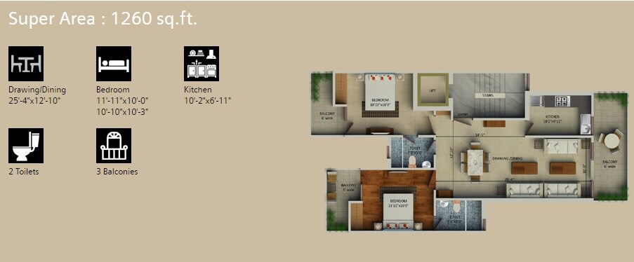Floor plan of 2 BHK 1260 Sq. Ft. Ind Floor in Supertech Aadri, Gurgaon