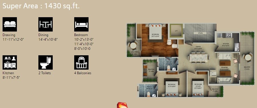 Floor plan of 3 BHK 1430 Sq. Ft. Ind Floor in Supertech Aadri, Gurgaon