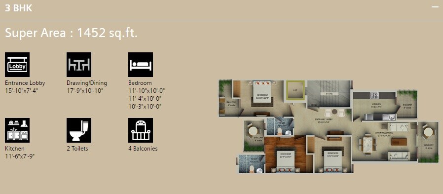 Floor plan of 3 BHK 1452 Sq. Ft. Ind Floor in Supertech Aadri, Gurgaon