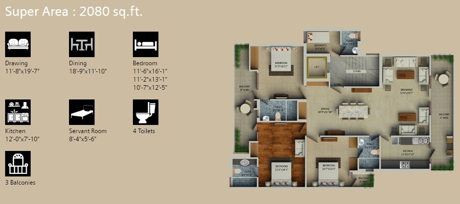 Floor plan of 3 BHK 2080 Sq. Ft. Ind Floor in Supertech Aadri, Gurgaon