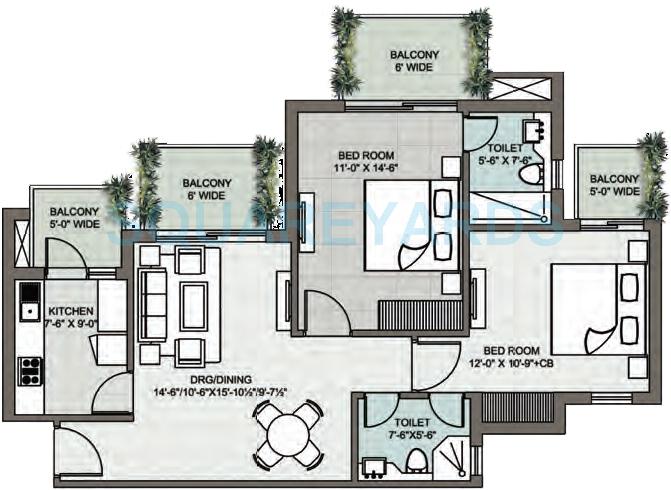 Floor plan of 2 BHK 1295 Sq. Ft. Apartment in Supertech Araville, Gurgaon