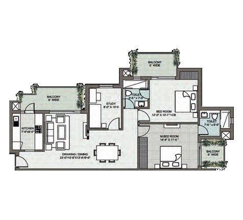Floor plan of 2 BHK 1530 Sq. Ft. Apartment in Supertech Araville, Gurgaon