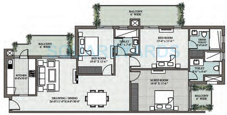 Floor plan of 3 BHK 1945 Sq. Ft. Apartment in Supertech Araville, Gurgaon