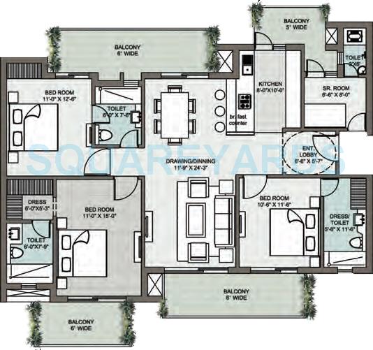 Floor plan of 3 BHK 2215 Sq. Ft. Apartment in Supertech Araville, Gurgaon