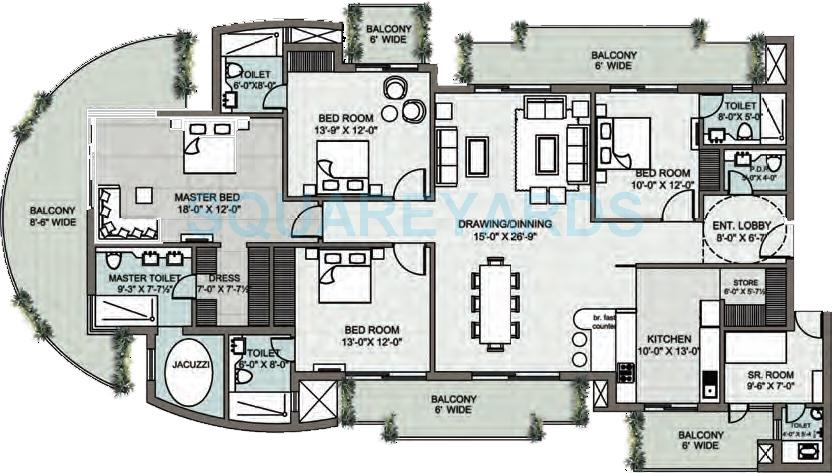 Floor plan of 4 BHK 3620 Sq. Ft. Apartment in Supertech Araville, Gurgaon
