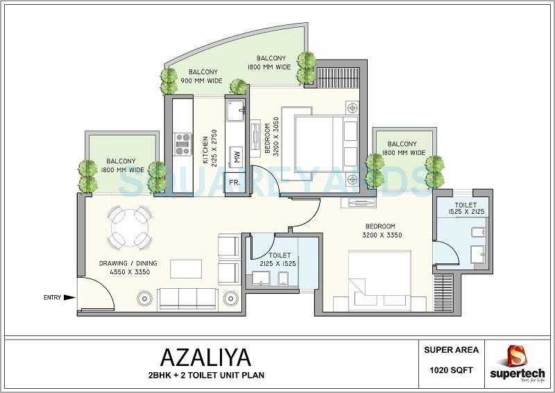 Floor plan of 2 BHK 1020 Sq. Ft. Apartment in Supertech Azaliya, Gurgaon
