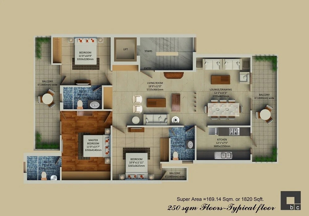 Floor plan of 3 BHK 1820 Sq. Ft. Ind Floor in Supertech Hill Crest Floors, Gurgaon