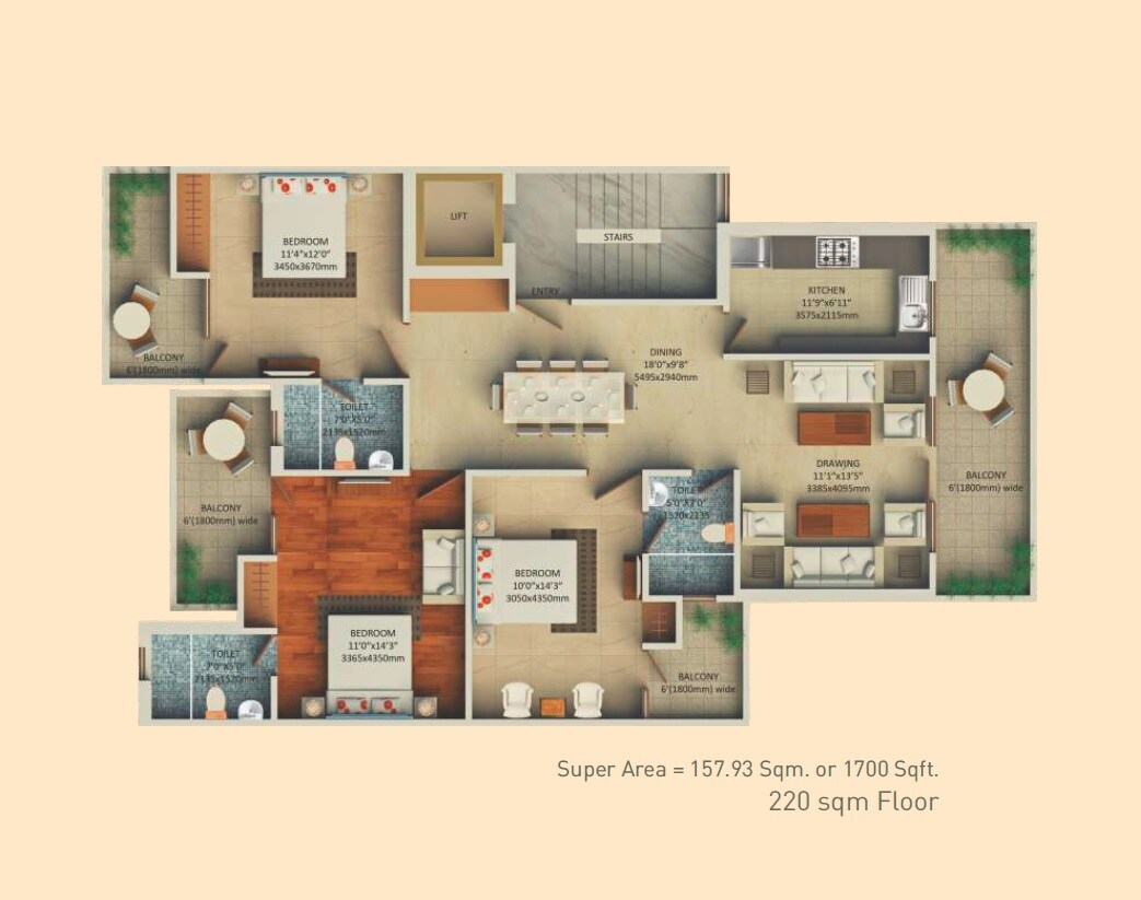 Floor plan of 3 BHK 1700 Sq. Ft. Ind Floor in Supertech Hill Crest Floors, Gurgaon
